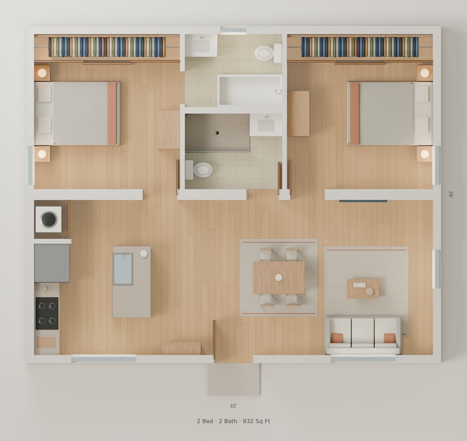 The Westport simple floorplan — 2 bedrooms, 2 baths, 832 sq ft
