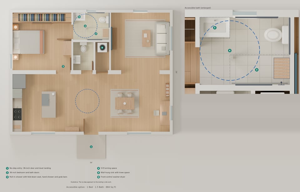 The Weston accessible floorplan with numbered features and bath detail