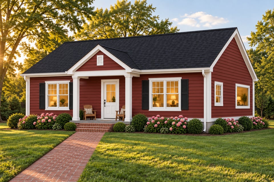 The Weston, with red lap siding, a dark shingle roof, black shutters and a white front door beneath a small covered porch.