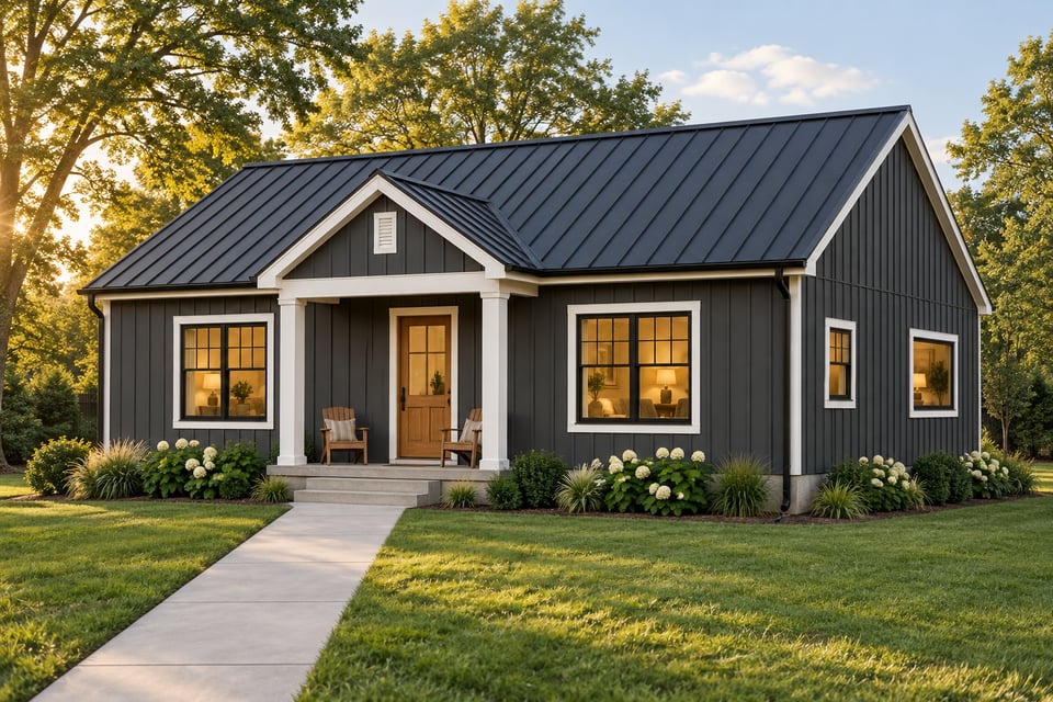 The Weston, with charcoal vertical siding, a dark metal roof and a wood glazed front door beneath a white-trimmed gabled porch.