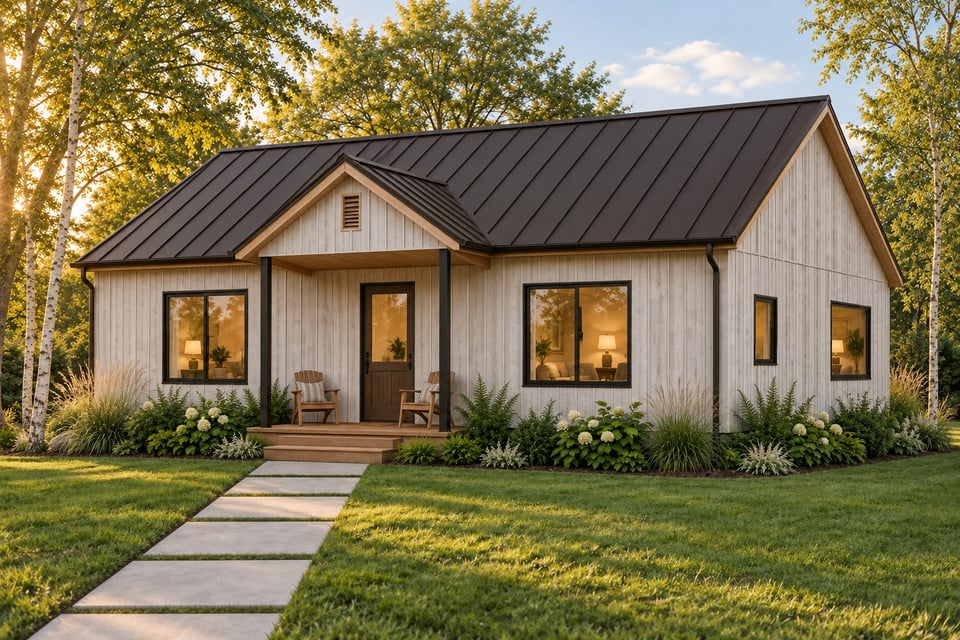 The Weston, with pale whitewashed vertical siding, a dark metal roof and a small gabled porch at the front door.