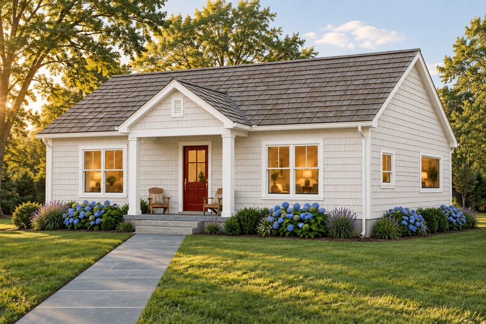 The Weston, with white shingle siding, a grey shingle roof and a red glazed front door beneath a small covered porch.