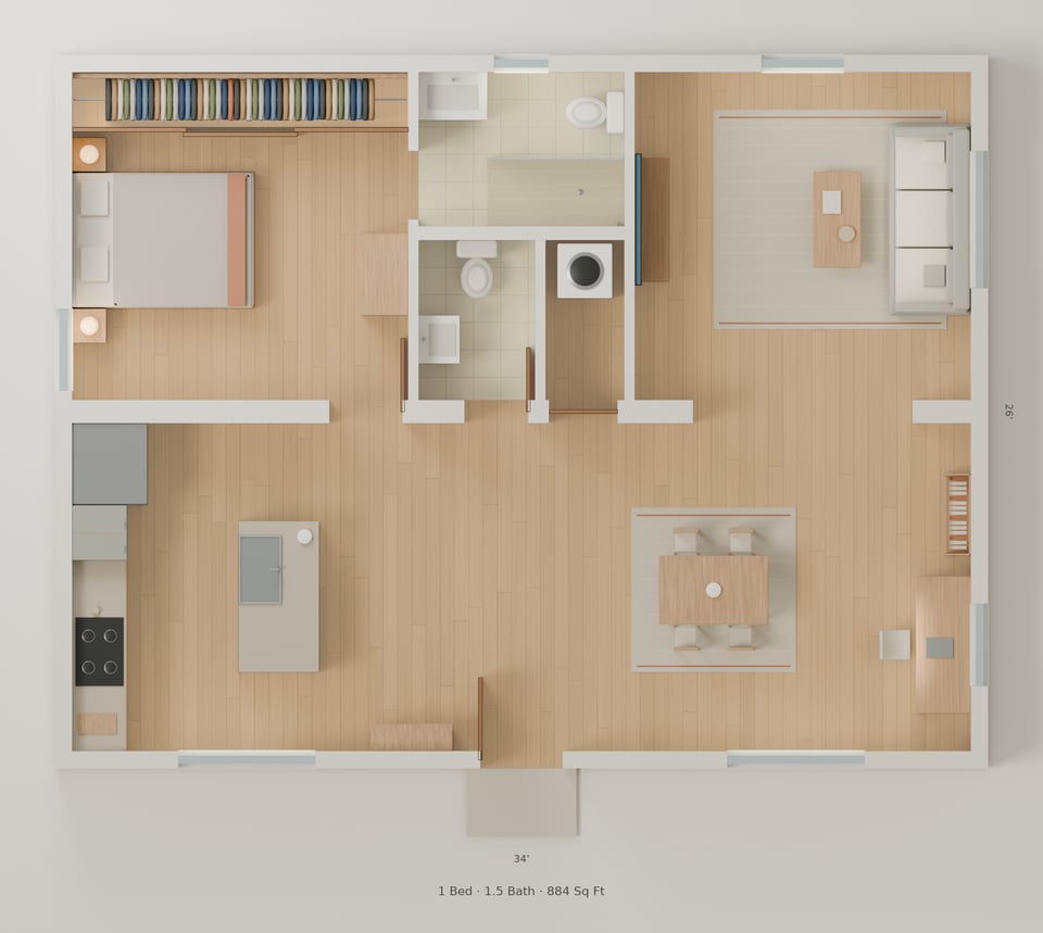 The Weston simple floorplan — 1 bedroom, 1.5 baths, 884 sq ft