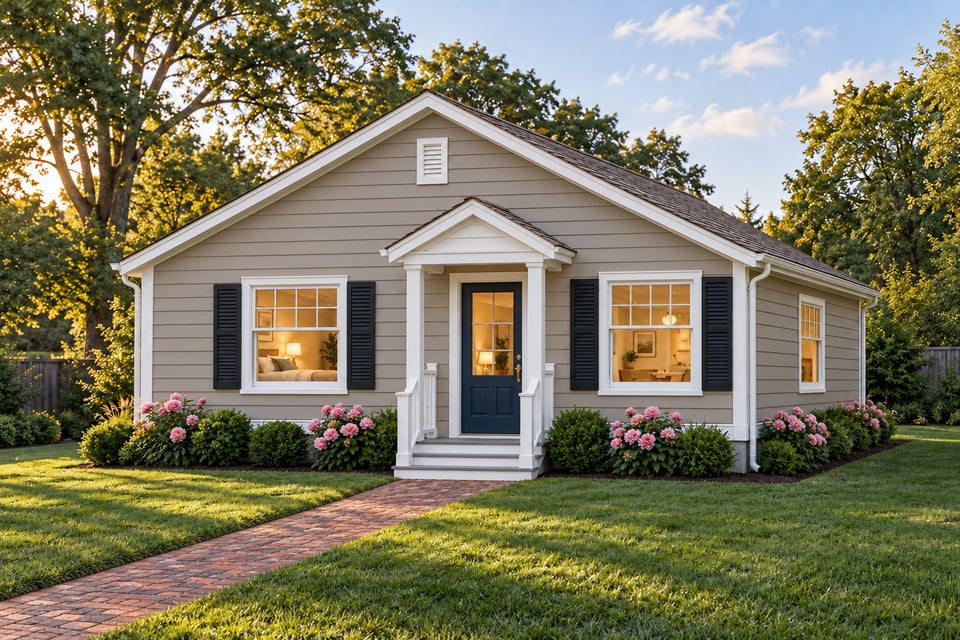 The Silvermine, with grey lap siding, a grey shingle roof, black shutters and a navy front door beneath a small covered porch.
