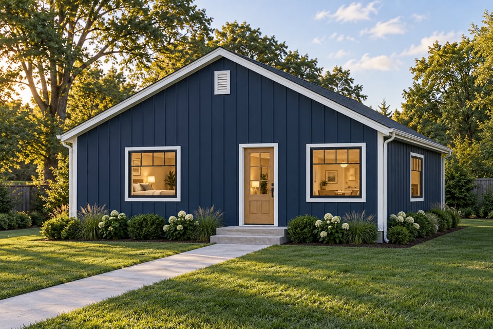 The Silvermine, with navy board-and-batten siding and a charcoal shingle roof, its front gable facing the lawn.