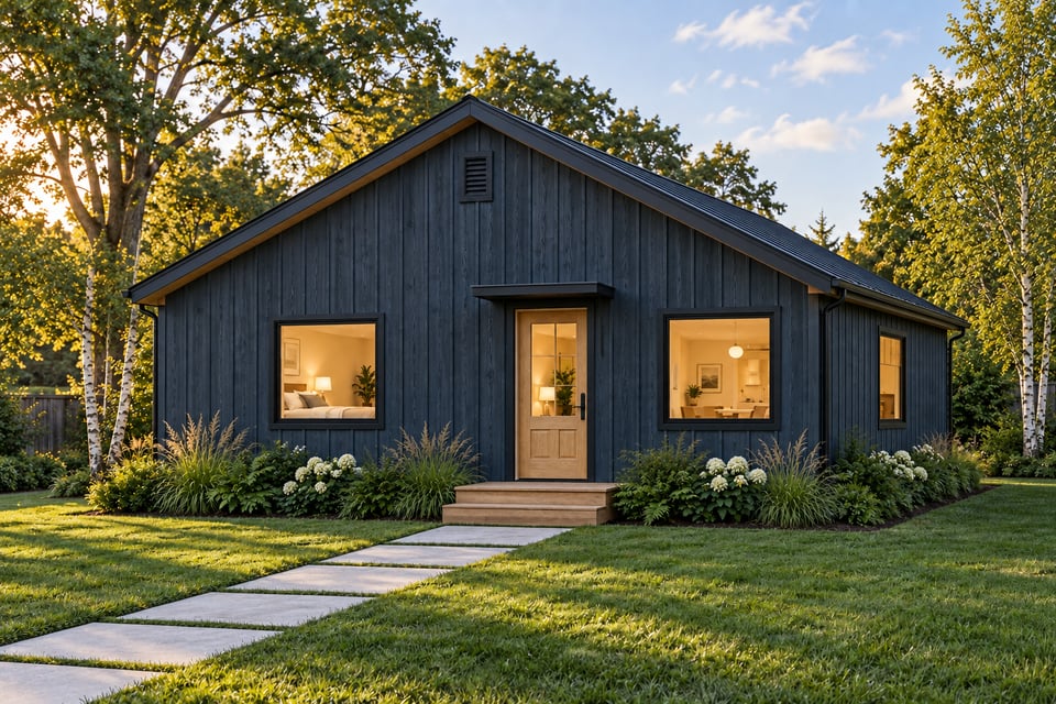 The Silvermine, with dark blue vertical siding, a dark roof and a light wood glazed front door beneath a narrow black hood.