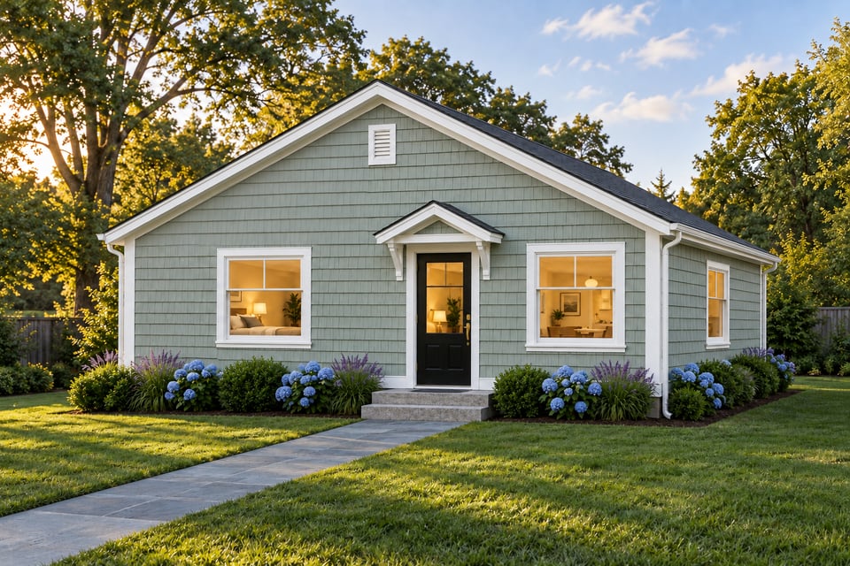 The Silvermine, with pale green shingle siding, a grey shingle roof and a black glazed front door beneath a white-trimmed gabled hood.