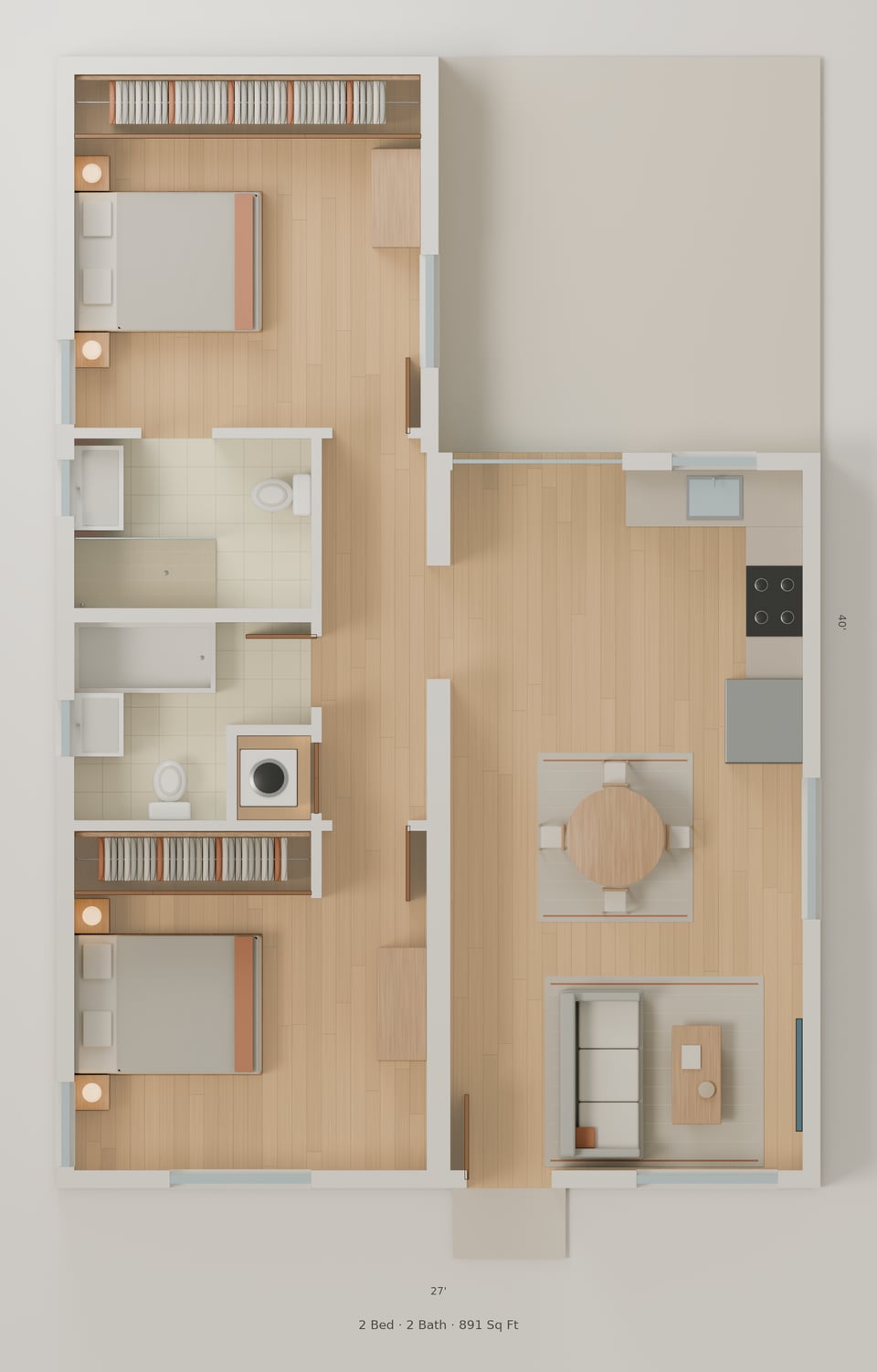 The Silvermine simple floorplan — 2 bedrooms, 2 baths, 891 sq ft