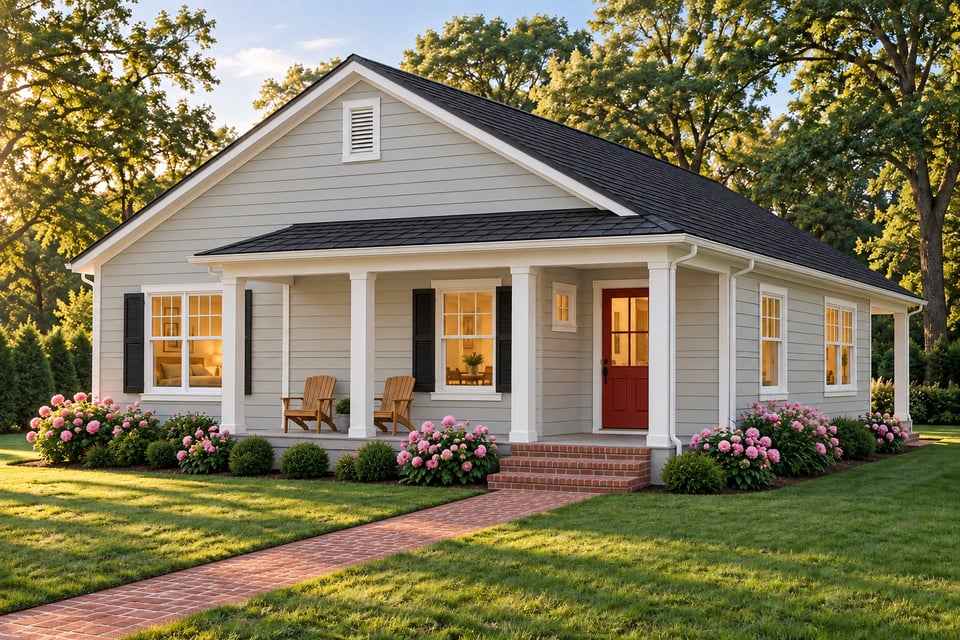 The Candlewood, with light grey lap siding, a dark shingle roof and a red front door opening onto a white-columned covered porch.