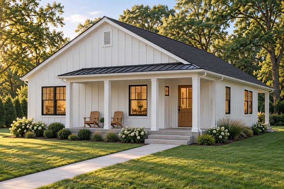 The Candlewood, with white vertical siding, a dark shingle roof and a wood front door beneath a covered porch with a metal roof.