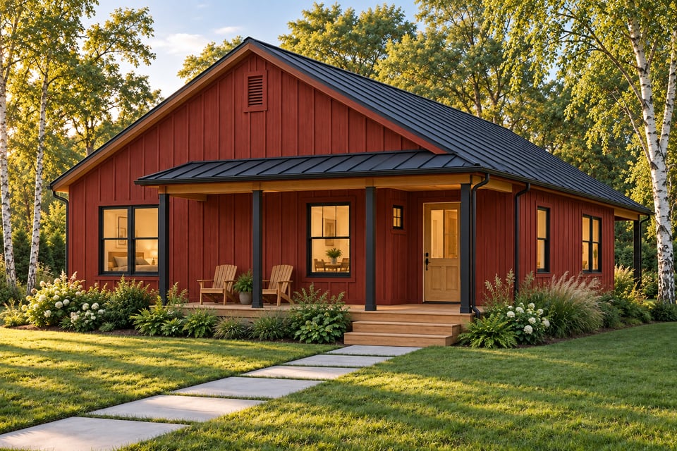 The Candlewood, with red vertical siding, a dark metal roof and a light wood front door opening onto a timber covered porch.