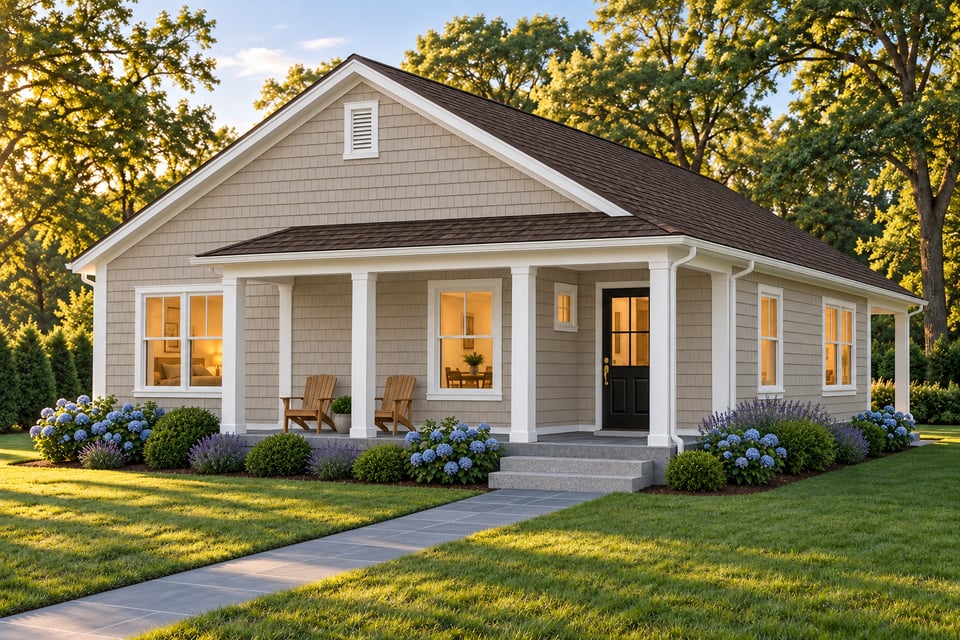 The Candlewood, with putty-beige shingle siding, a dark brown shingle roof and a covered front porch.