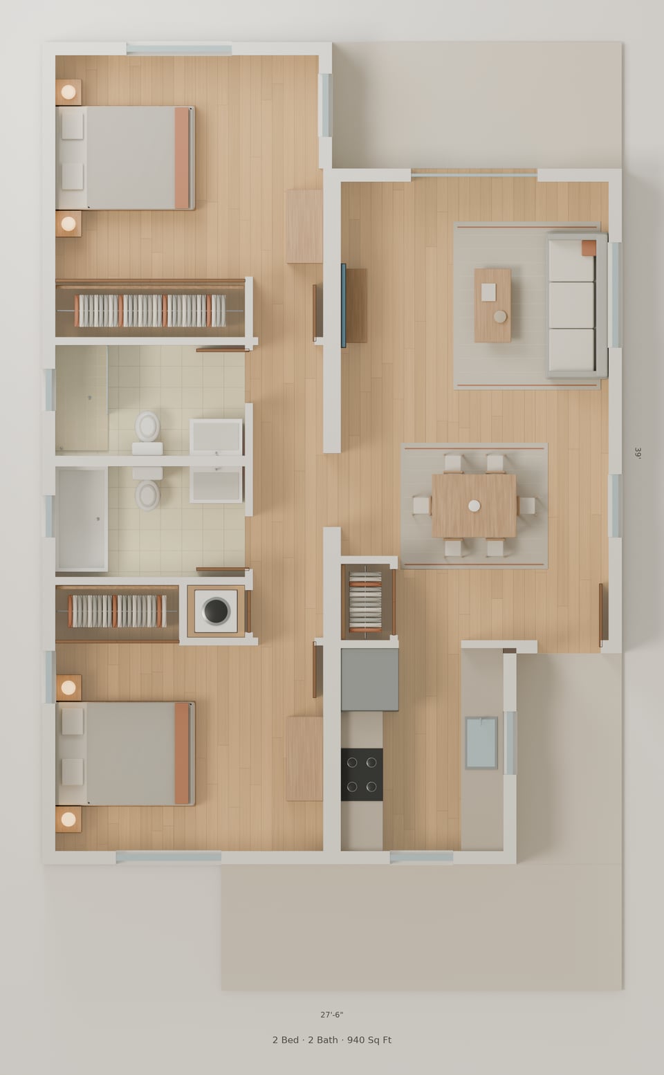 The Candlewood simple floorplan — 2 bedrooms, 2 baths, 940 sq ft