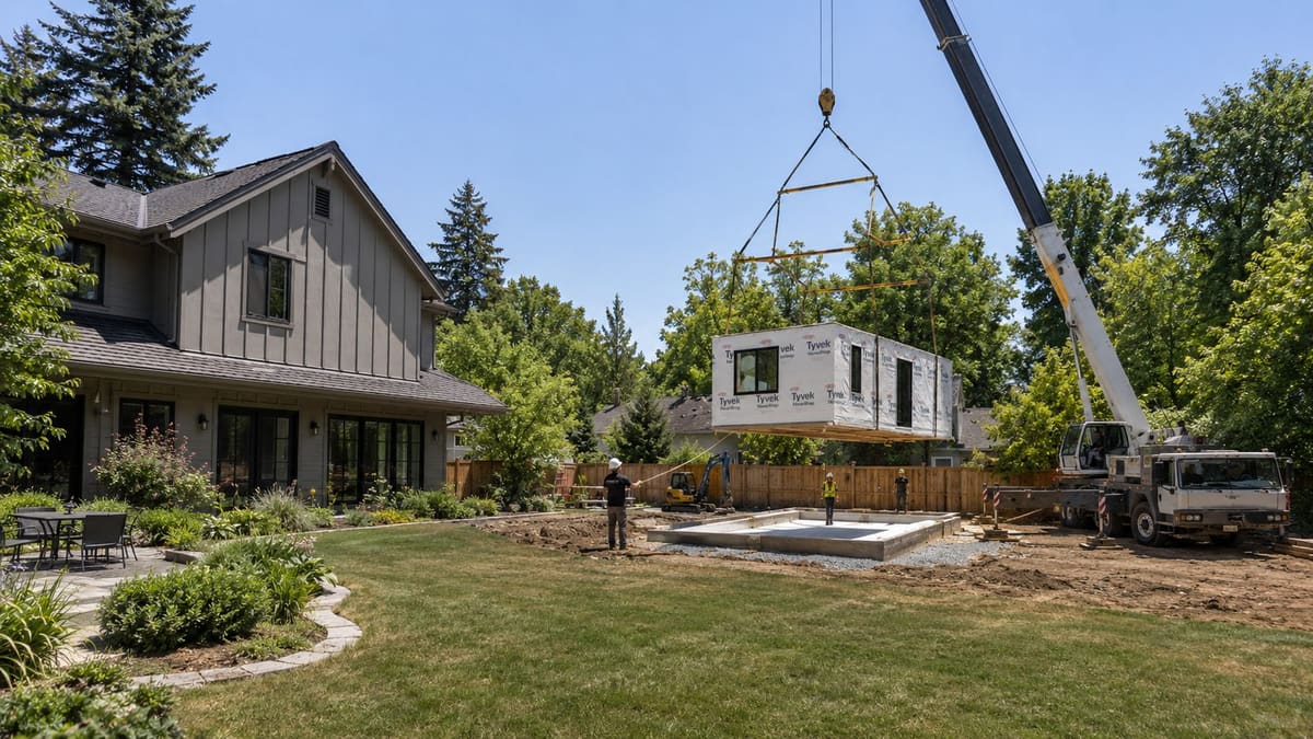 Crane setting a modular ADU module onto its foundation in Connecticut