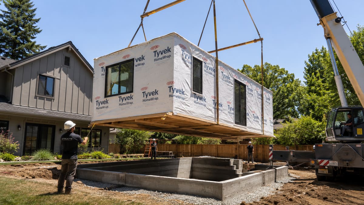 Modular ADU module being delivered and set on site