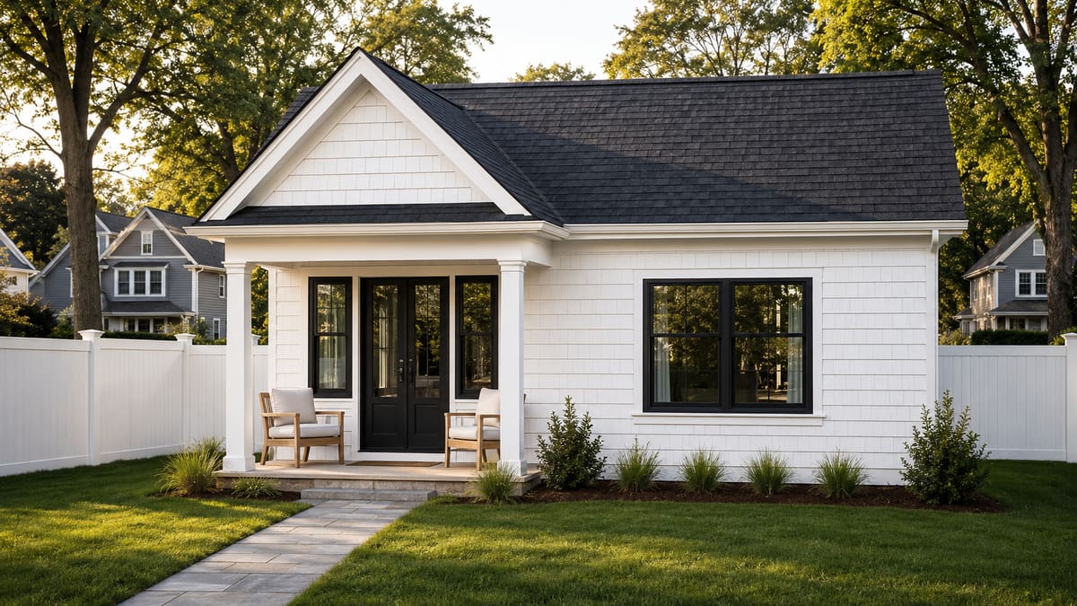 The Noroton — detached modular ADU cottage exterior with white siding and black-framed windows