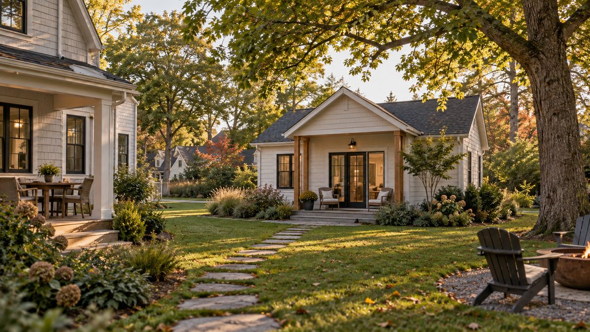 Illustrative detached backyard cottage beside a principal home, with a garden path and mature autumn trees